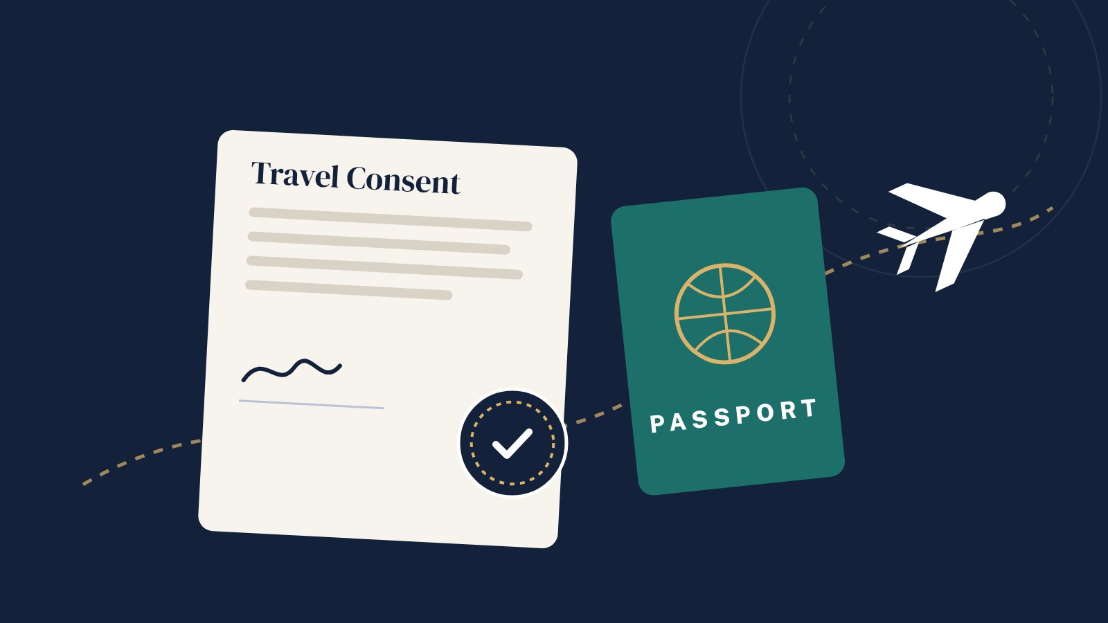 Illustration of a notarized travel consent letter with a passport and airplane